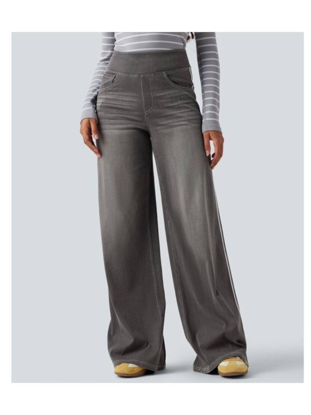 Halara XL Wide-Leg Gray Pants With Side Stripe - Womens Casual Stretch Denim Si - Picture 2 of 12